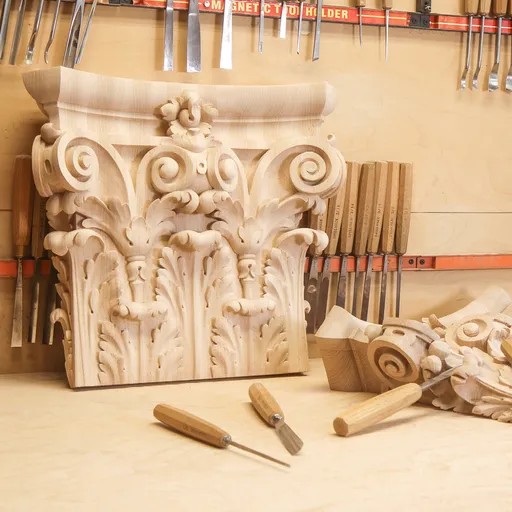 Corinthian pilaster capital with volutes and flowers from beech